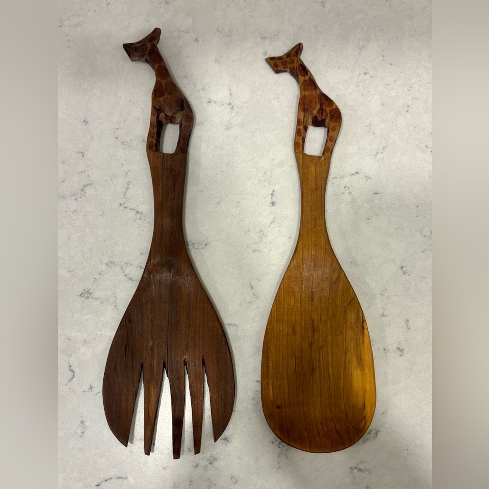 Hand-Carved Wooden Giraffe Salad Server Set